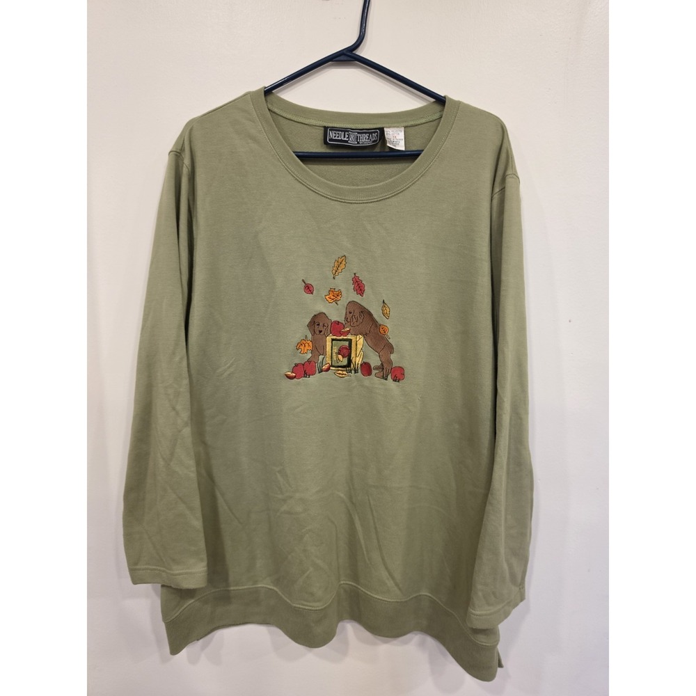 Vintage Womans 1X Embroidered Puppy‎ Harvest Sweatshirt Cottagecore Cozy Fall